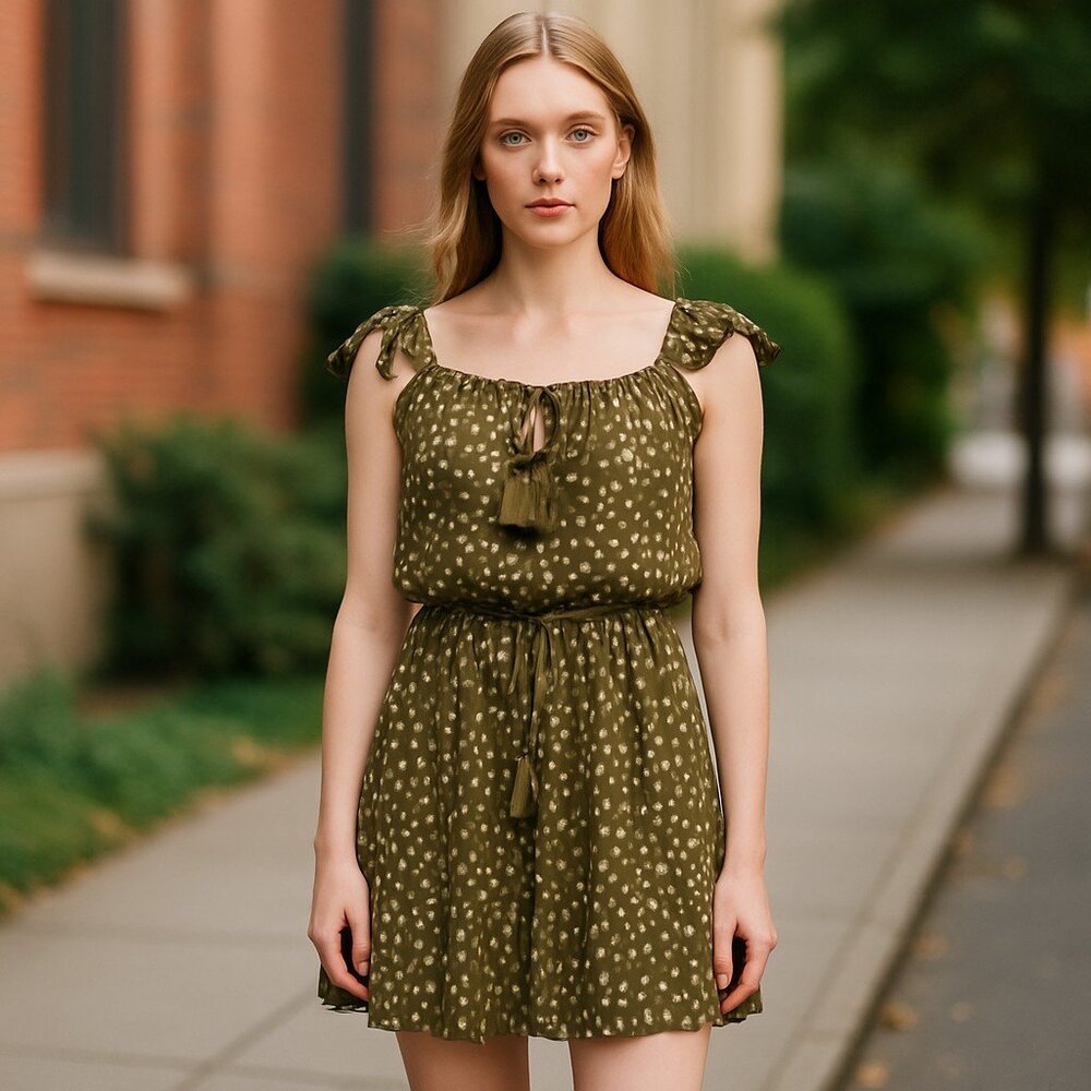 KIVARI Olive Green Polka Dot Off Shoulder Mini Sundress Size S